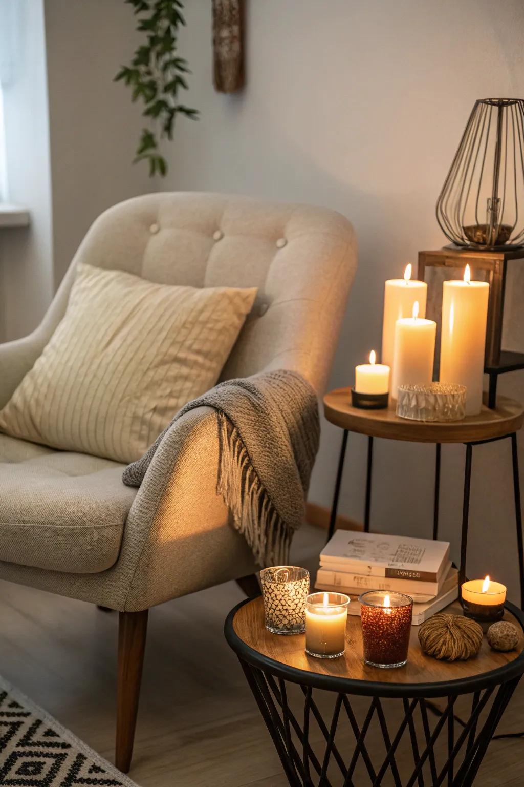 A peaceful contemplative corner with candles.