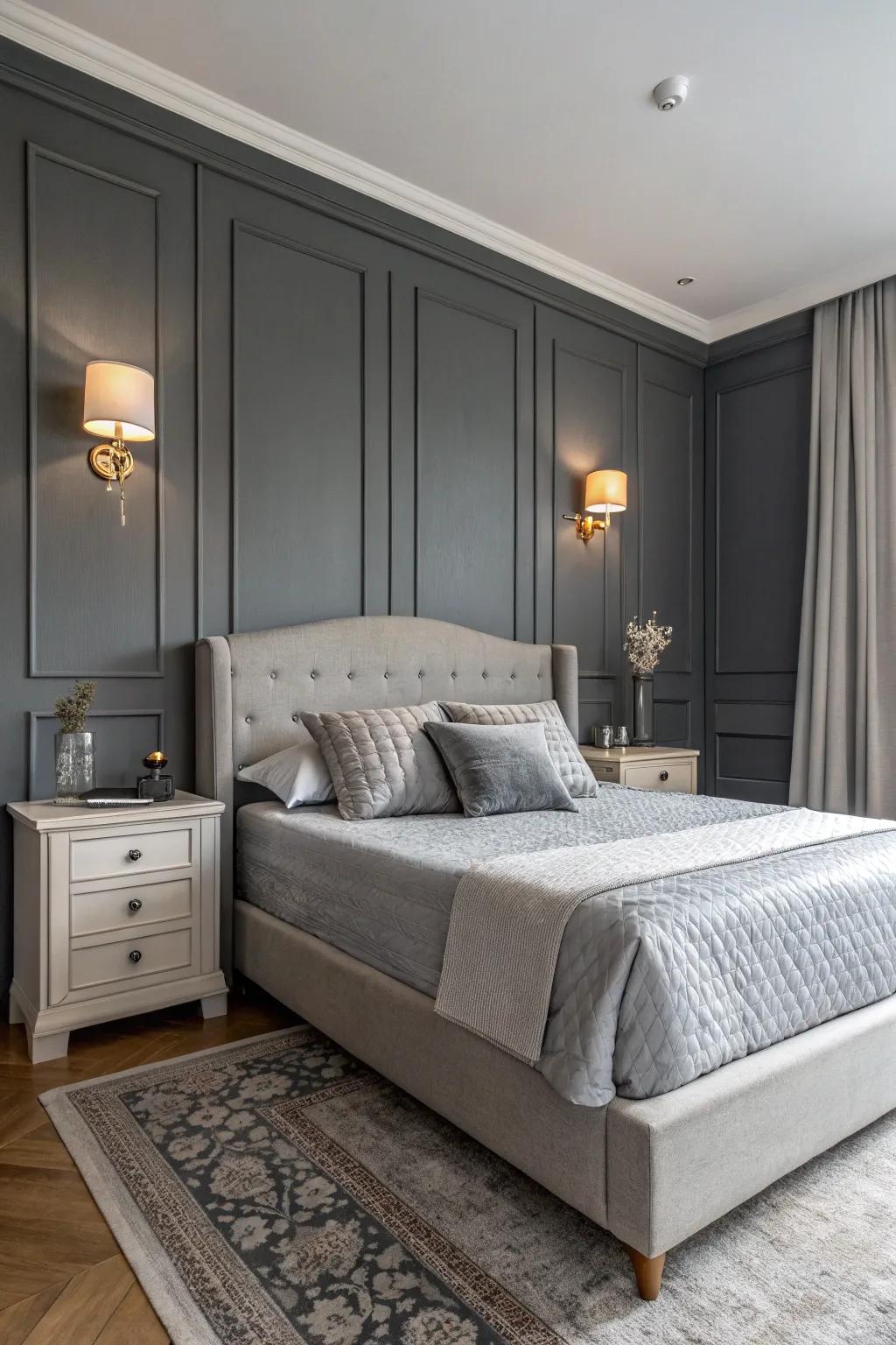 A feature wall adds a dynamic layer to a tranquil mist bedroom.