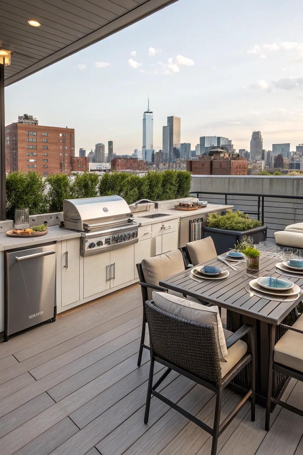 Create culinary pleasures on your rooftop by using a complete exterior kitchen.