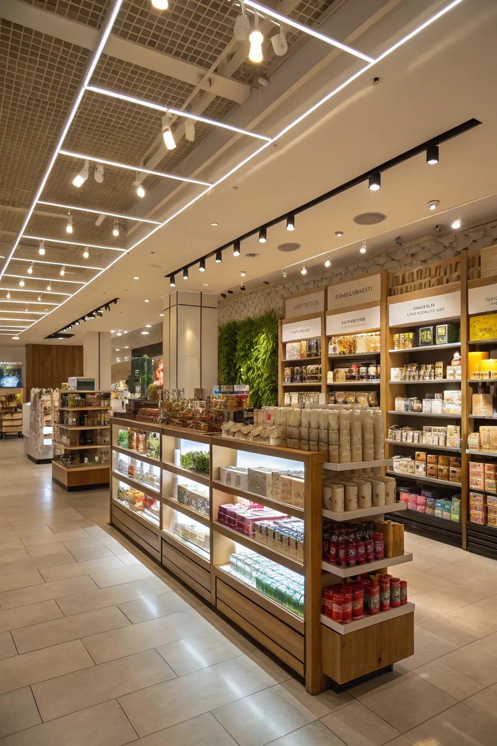 Tiered lights introducing dimension and intrigue to the store.