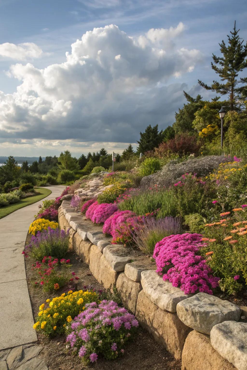 Rock walls add rustic charm and stability.