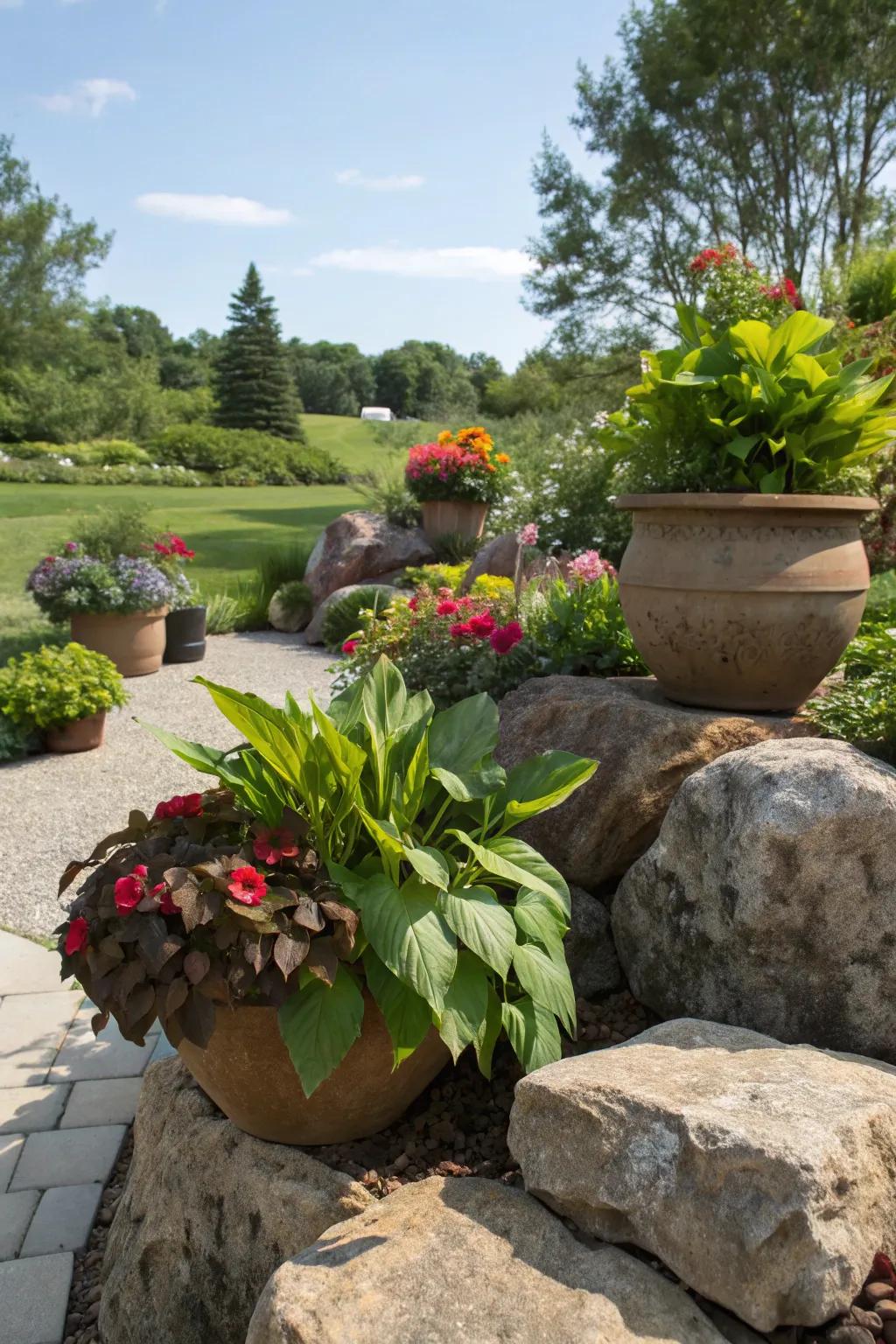 Potted flora artistically arranged on large garden stones for added height.
