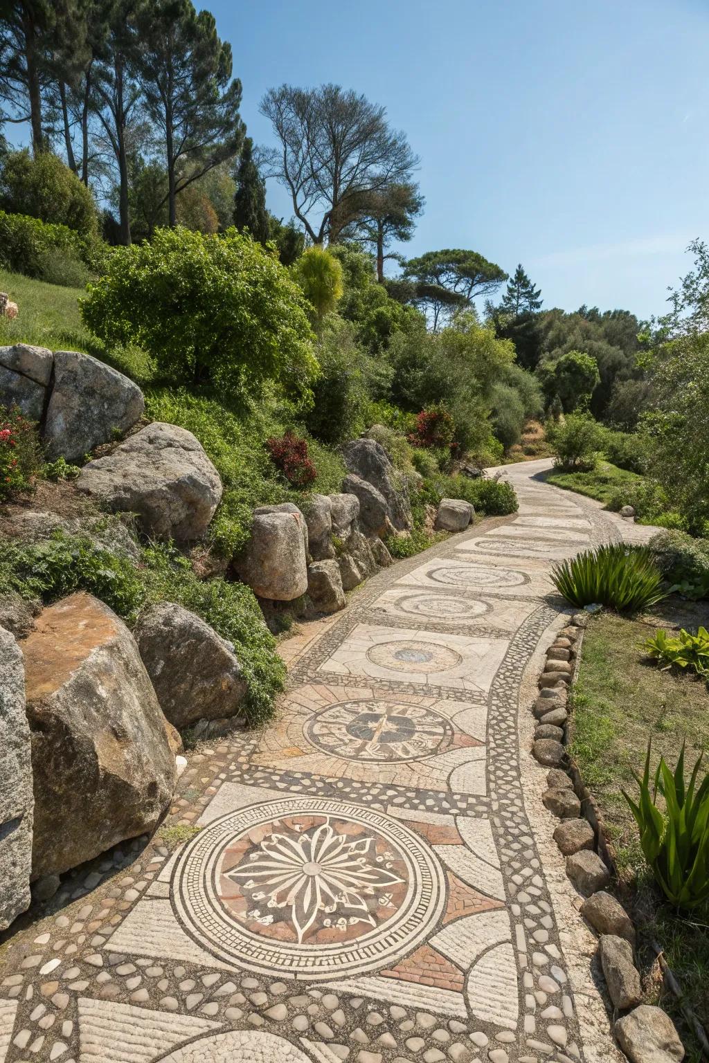 Mosaic pathways tell tales of creativity and elegance.