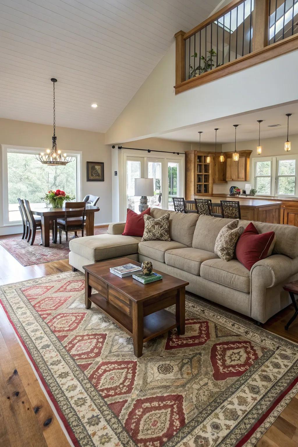 Zones defined in an open area using strategic furniture placement.