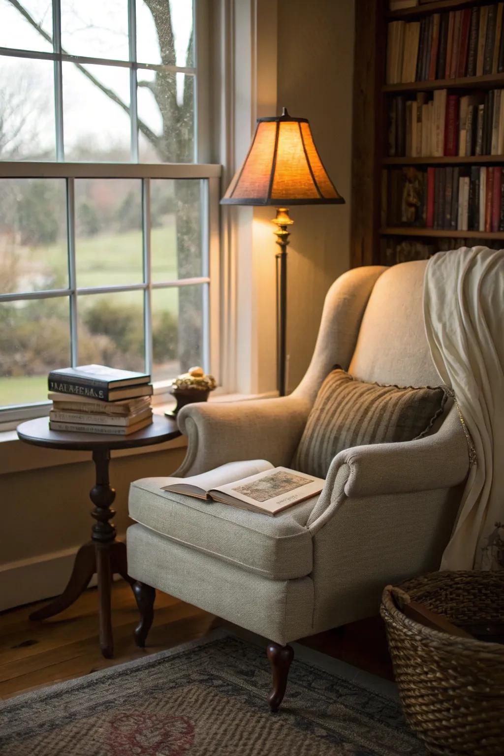 A comfortable perusing nook inviting you to unwind and relax.