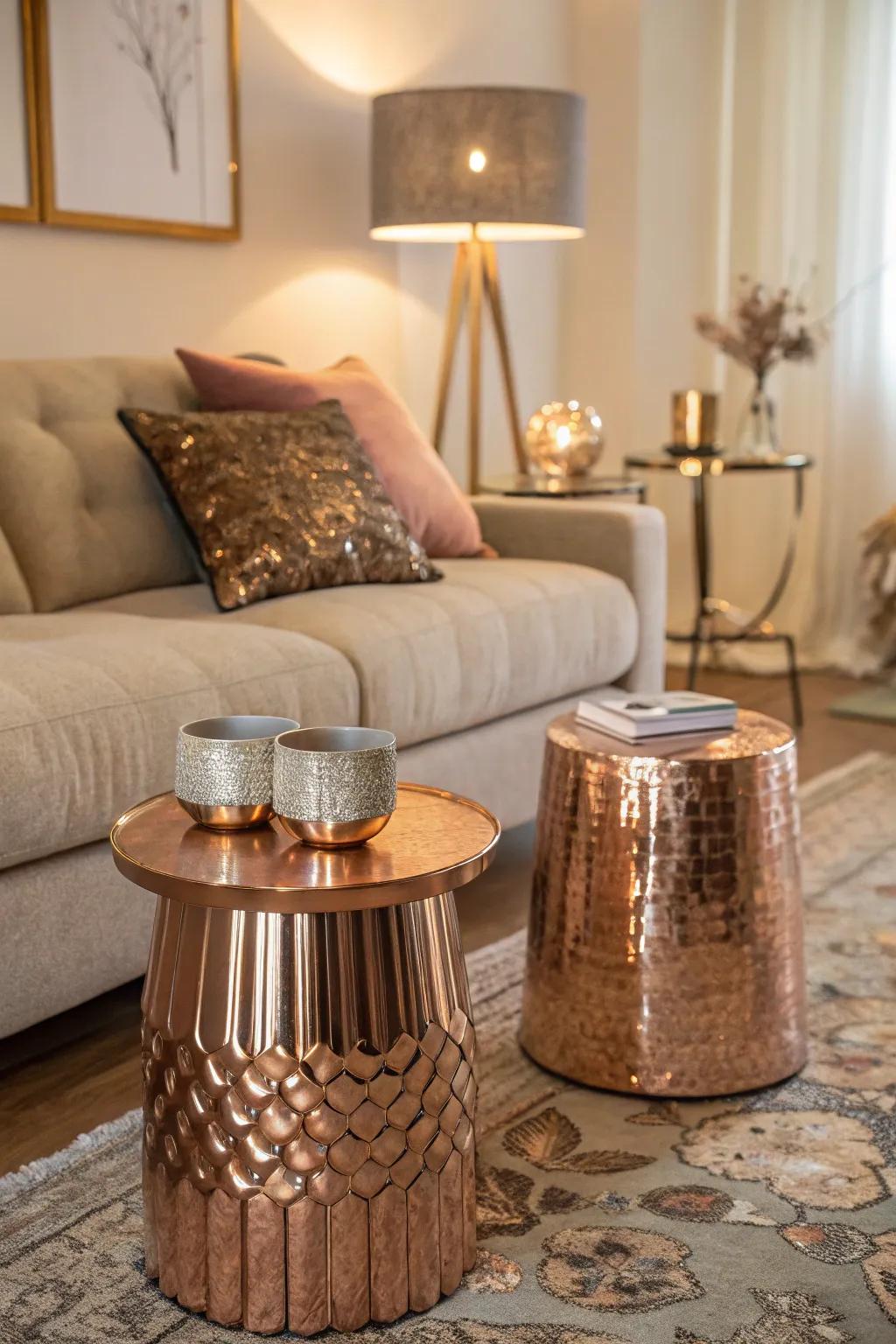 Metallic side stands in rose gold deliver practicality and panache.