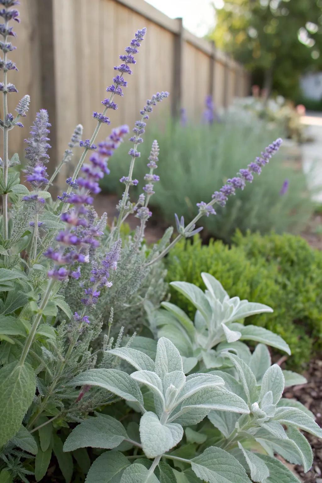 A texture-rich garden featuring 'Silver Whisper' and rabbit's ears.