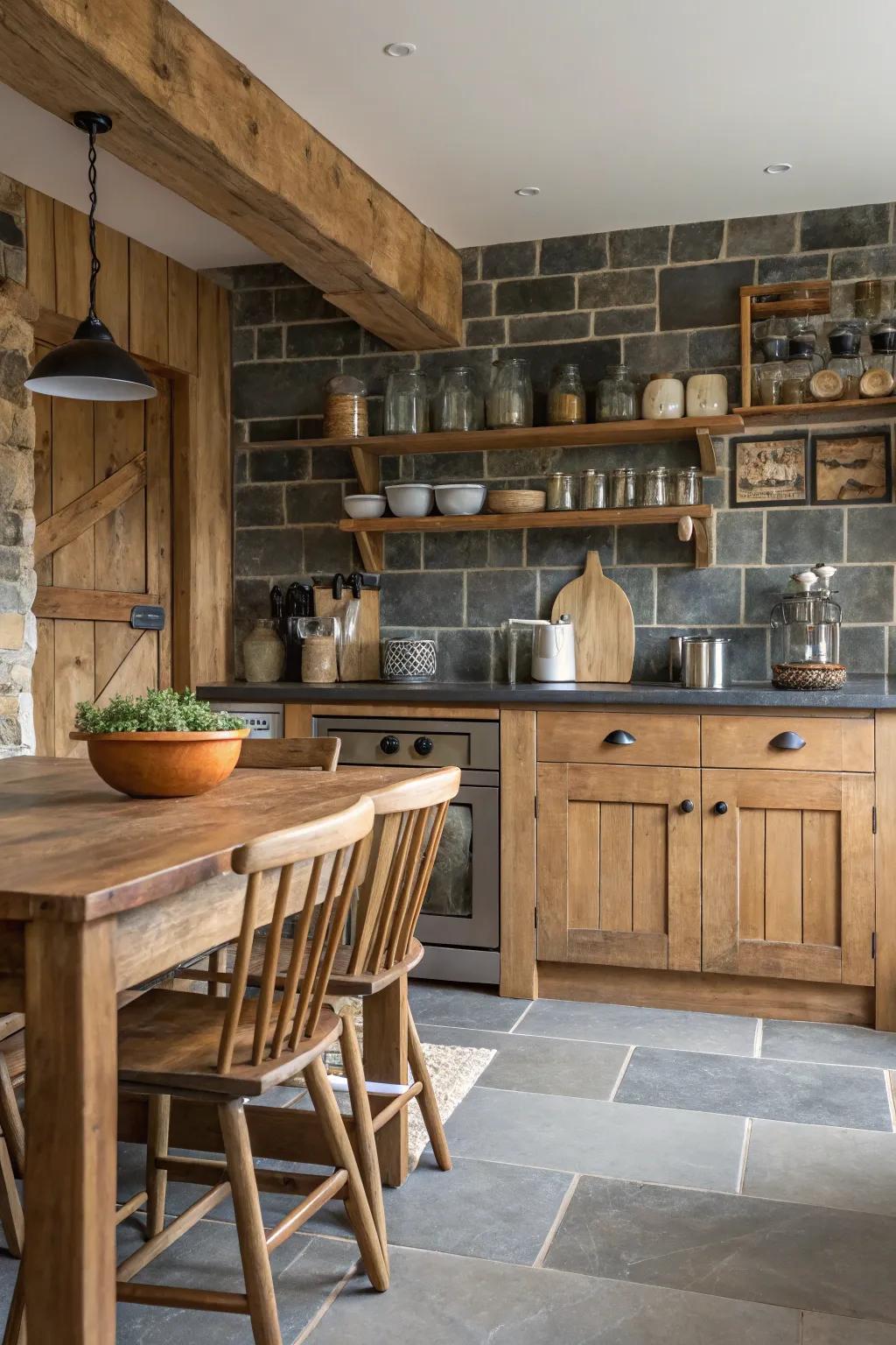 Record slabs add a refined country style charm to the kitchen.