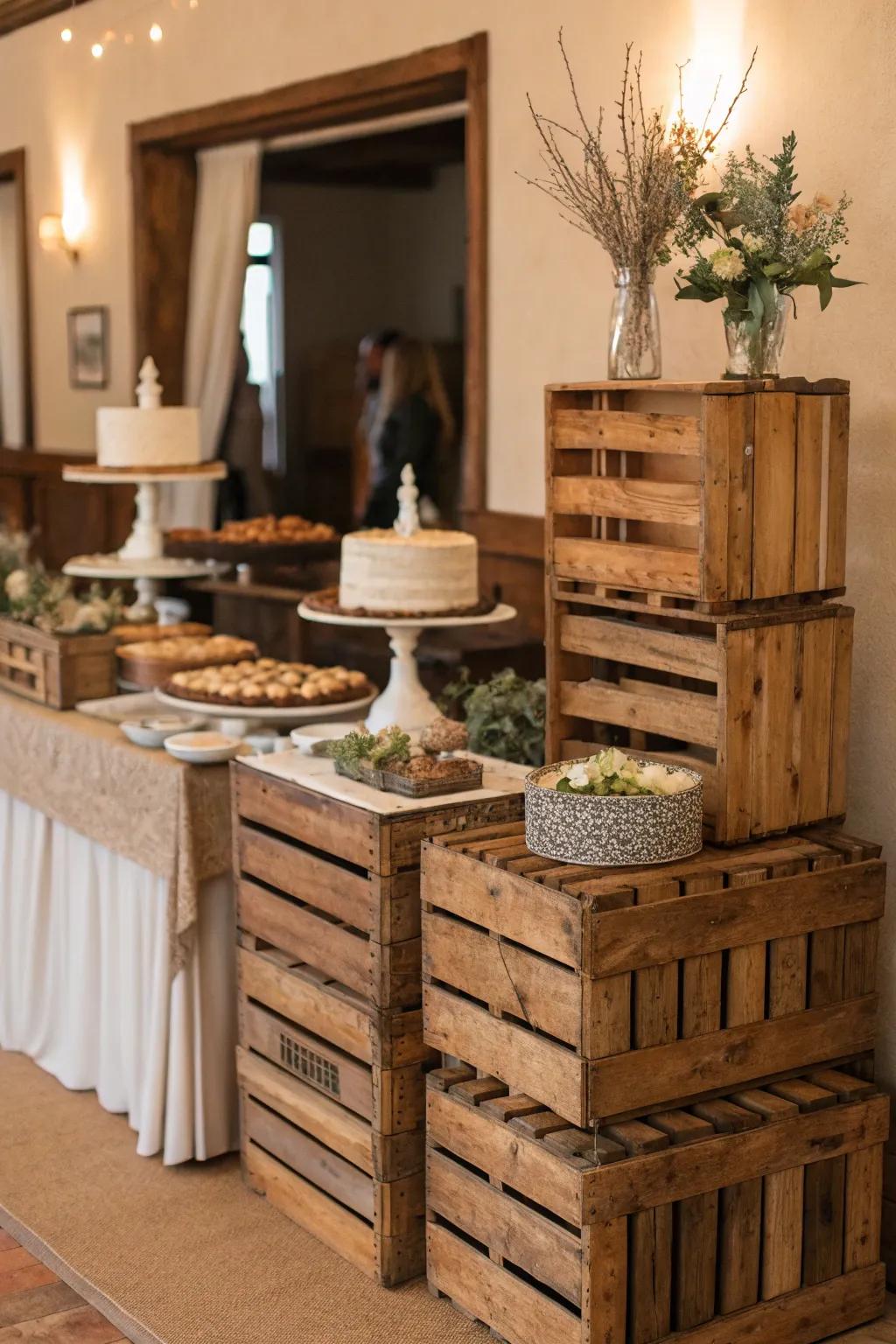 Wooden boxes give the country sideboard arrangement structure and height.