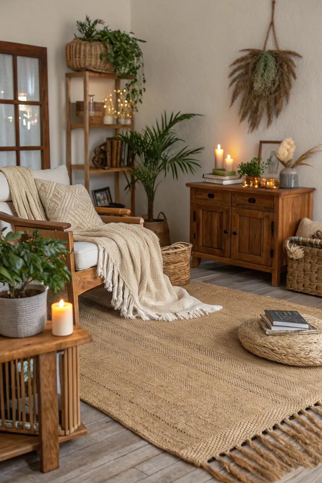 A family room anchored by a natural fiber floor covering.