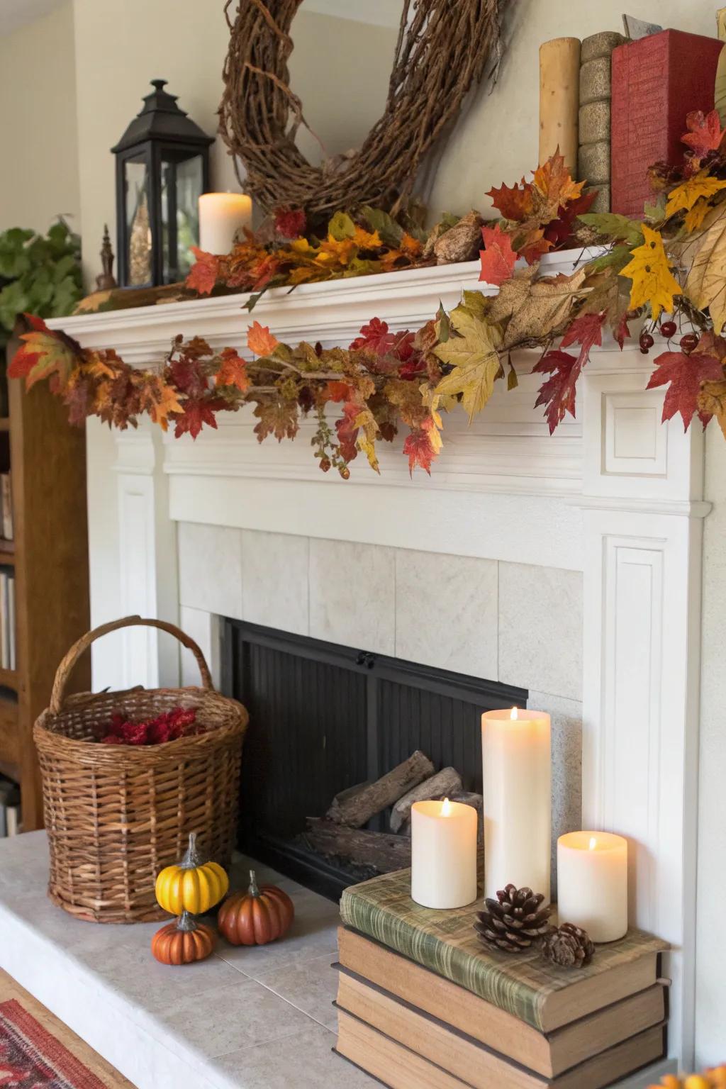 Fall foliage garland adds autumn charm.