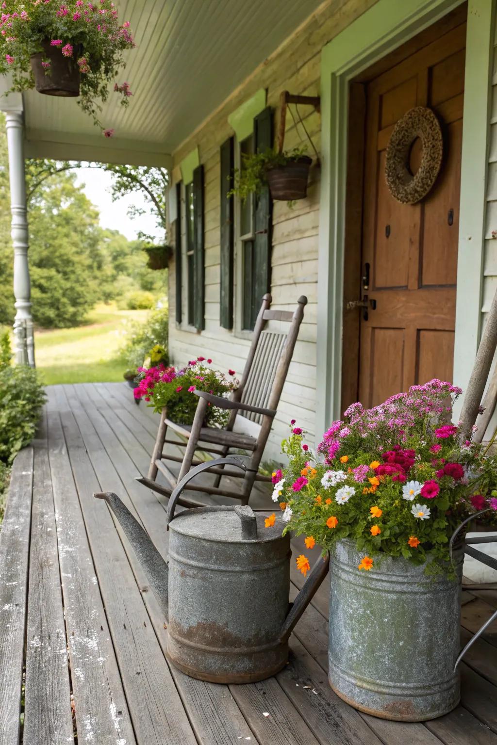 Classic irrigation containers filled with blooms add vintage charm to a porch.