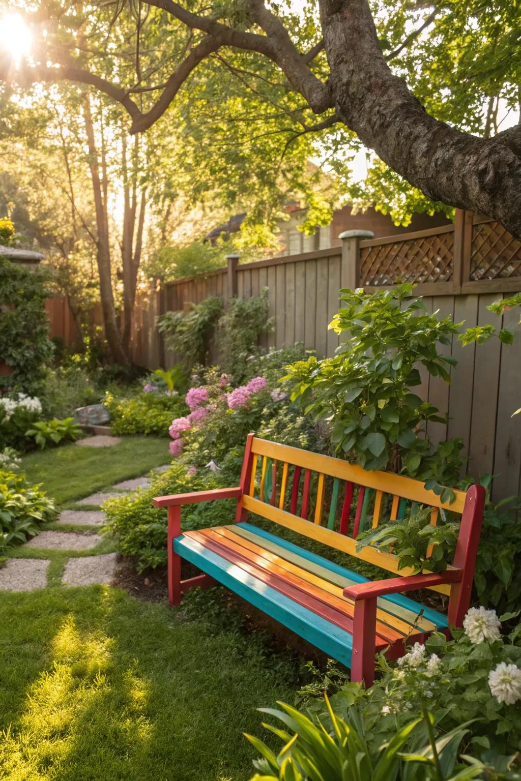 A vibrant garden seat created from painted decks.