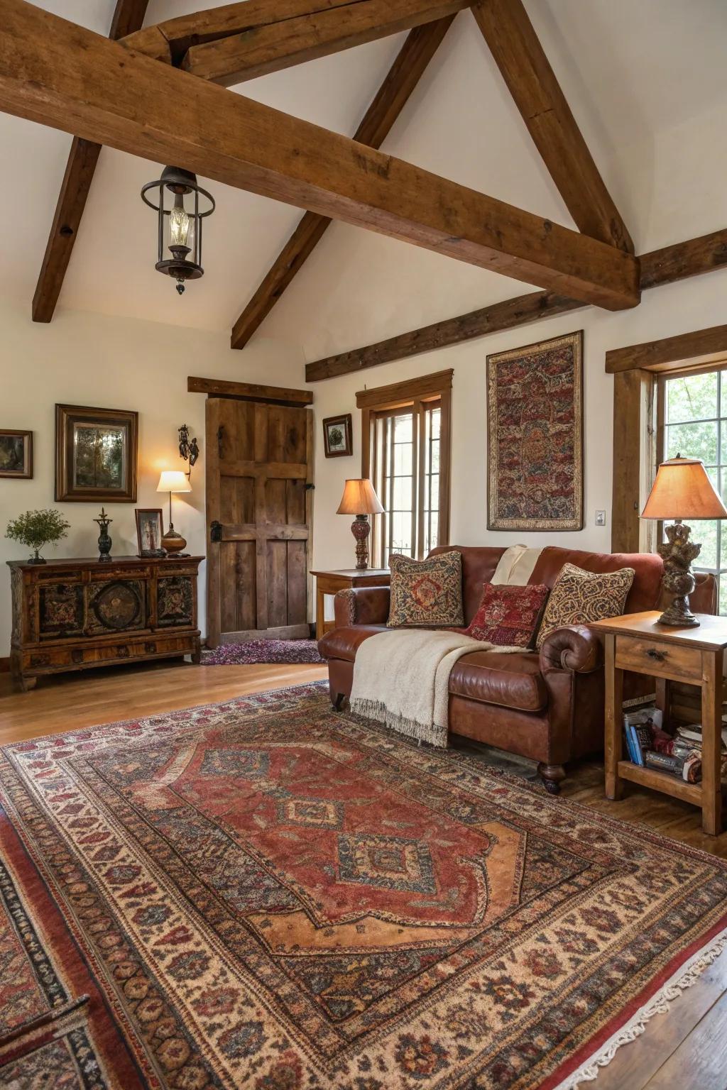 Timeworn carpets lend profundity and elaborate patterns to rustic living spaces.