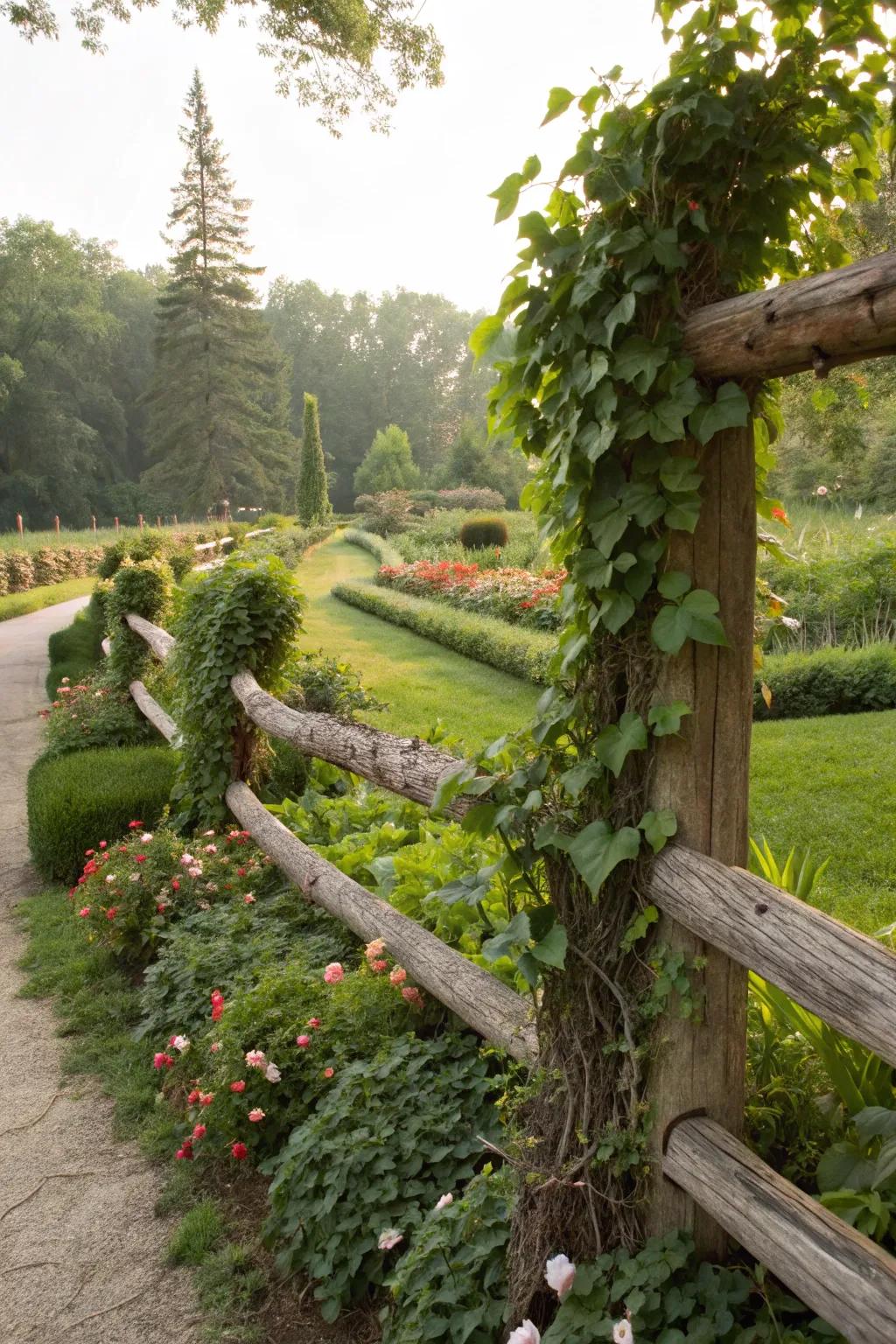 Climbing vines drape over a log fence, creating a living, breathing structure.