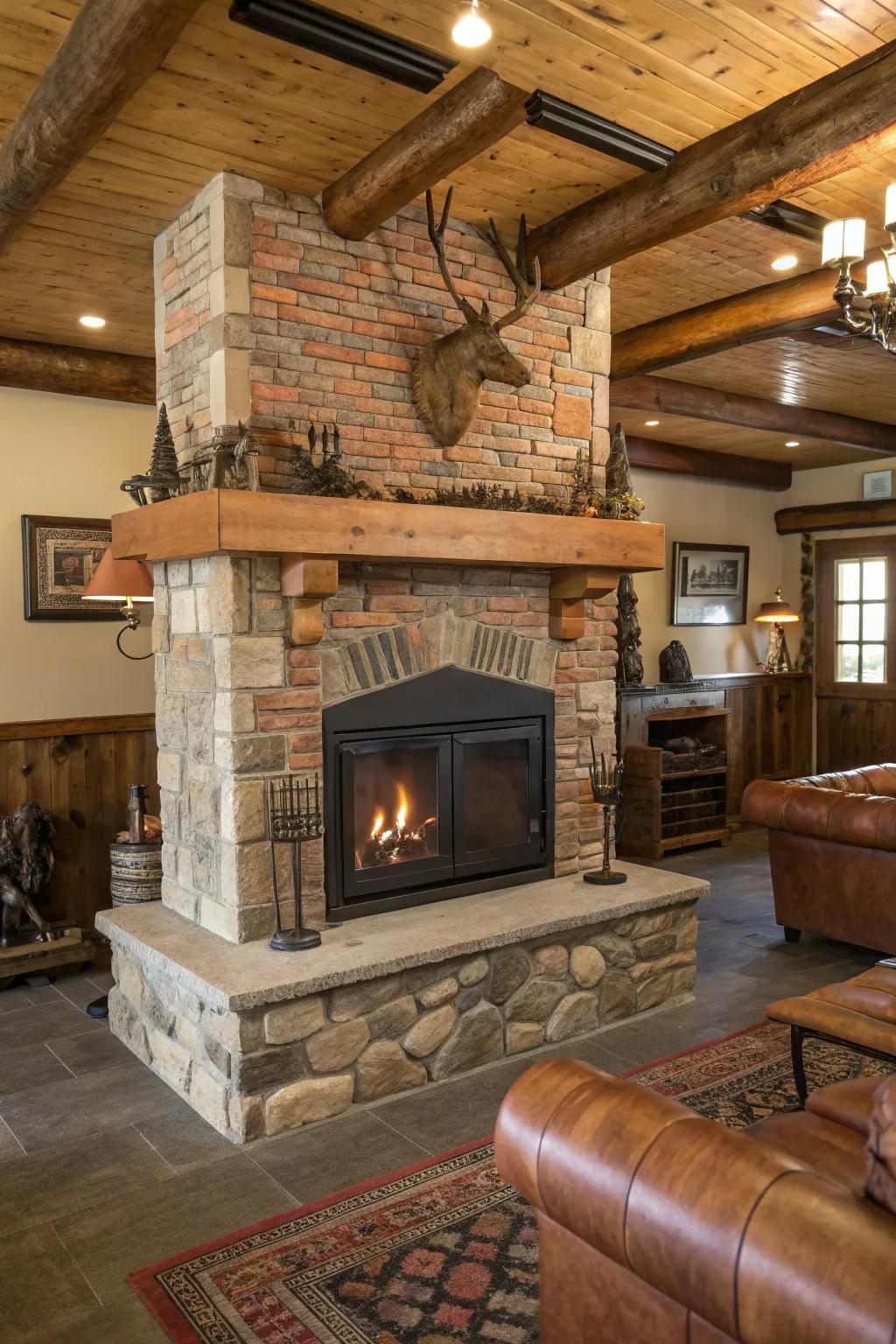 A freestanding hearth infuses warmth into this snug man cave.