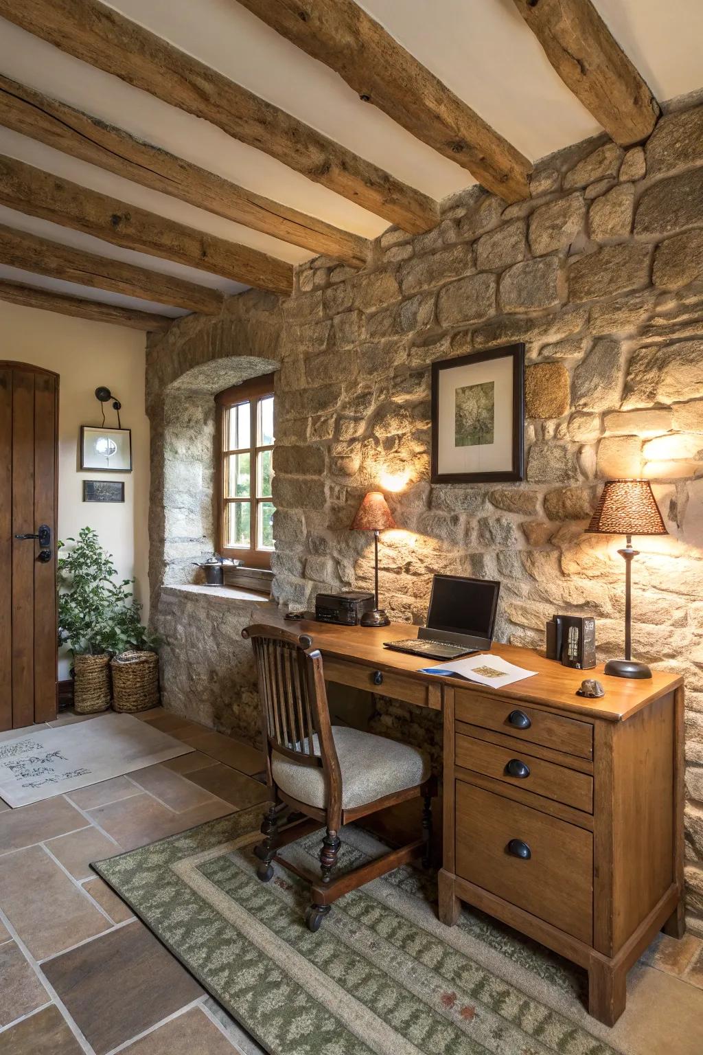 A rock feature wall incorporates rugged texture to a country-style office.