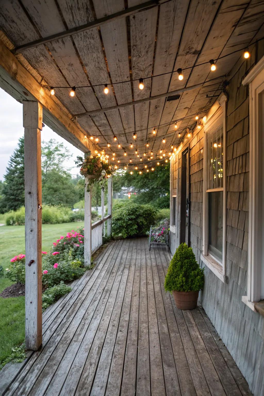 Strand lights contribute a bewitching radiance to countryside verandas.