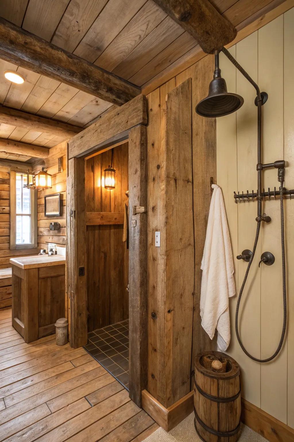 A shower showcasing reclaimed timber elements that transmit historical essence and character to the weathered motif.