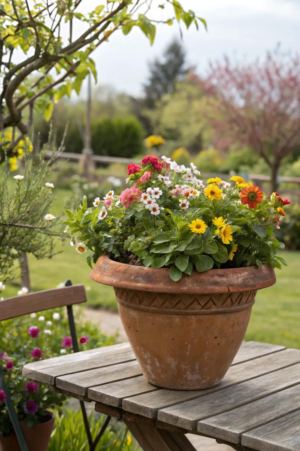 Baked clay pots contribute a garden-fresh sensation indoors.