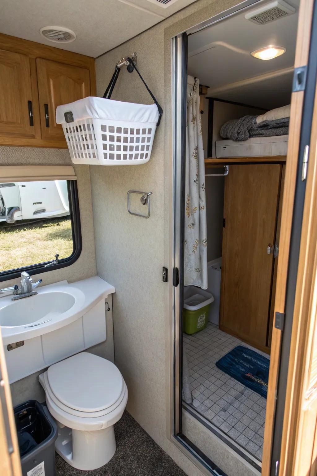 A hanging receptacle over the door to save floor area in an RV.