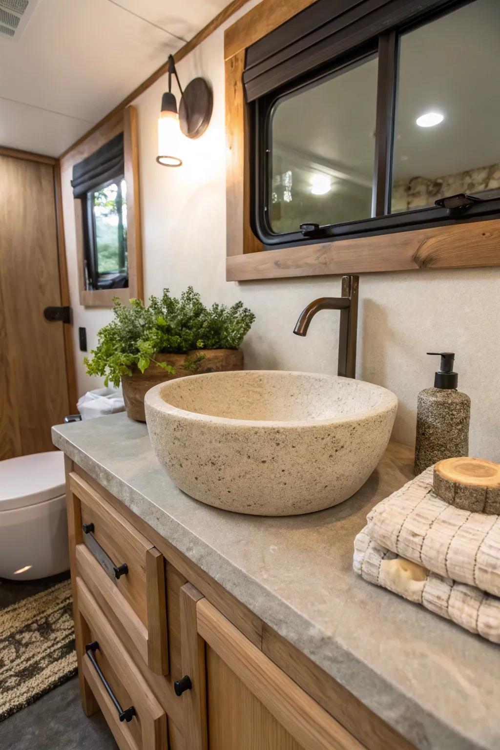 A stone basin bringing natural looks to an RV lavatory.
