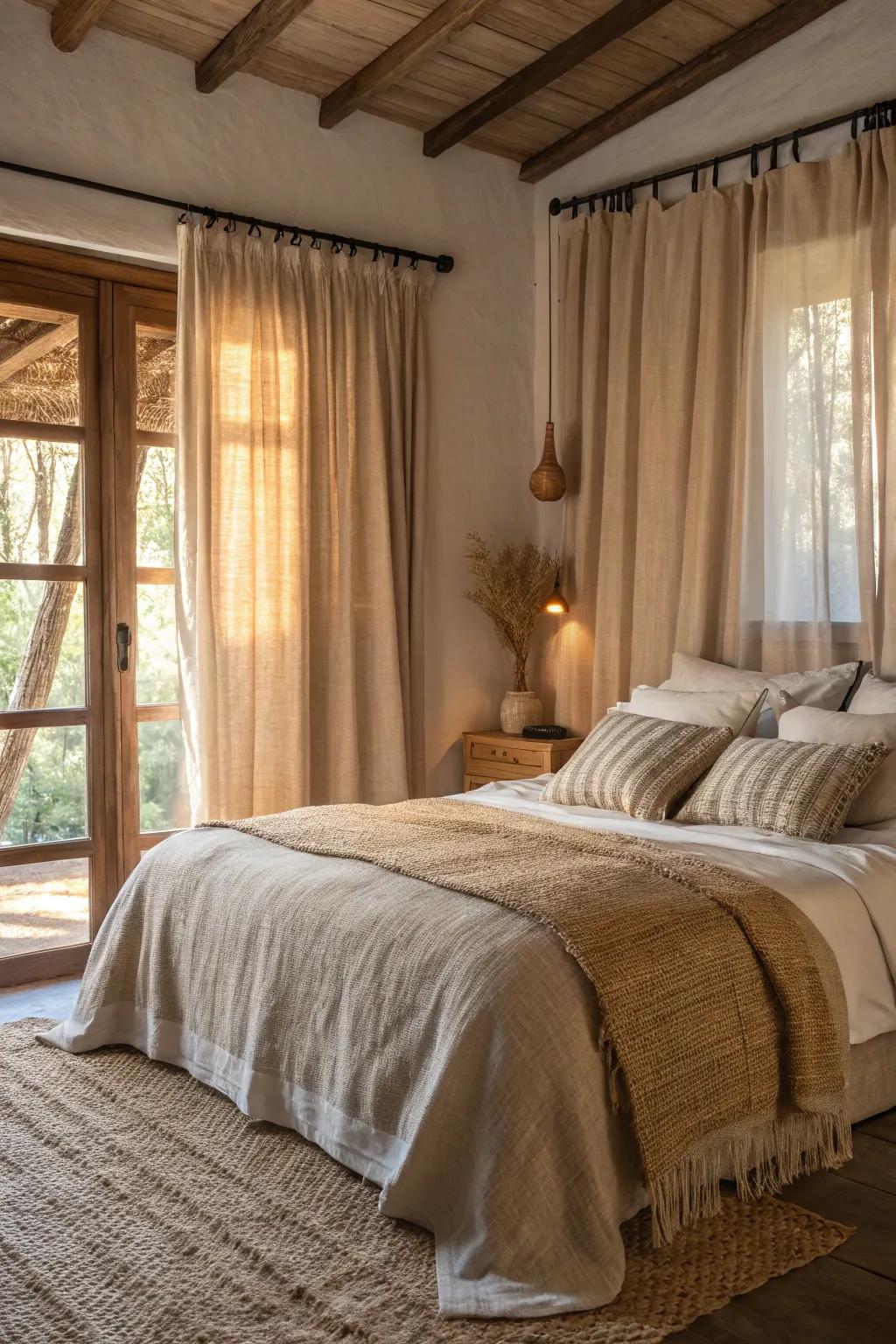 Woven materials add depth and warmth to the bedroom.