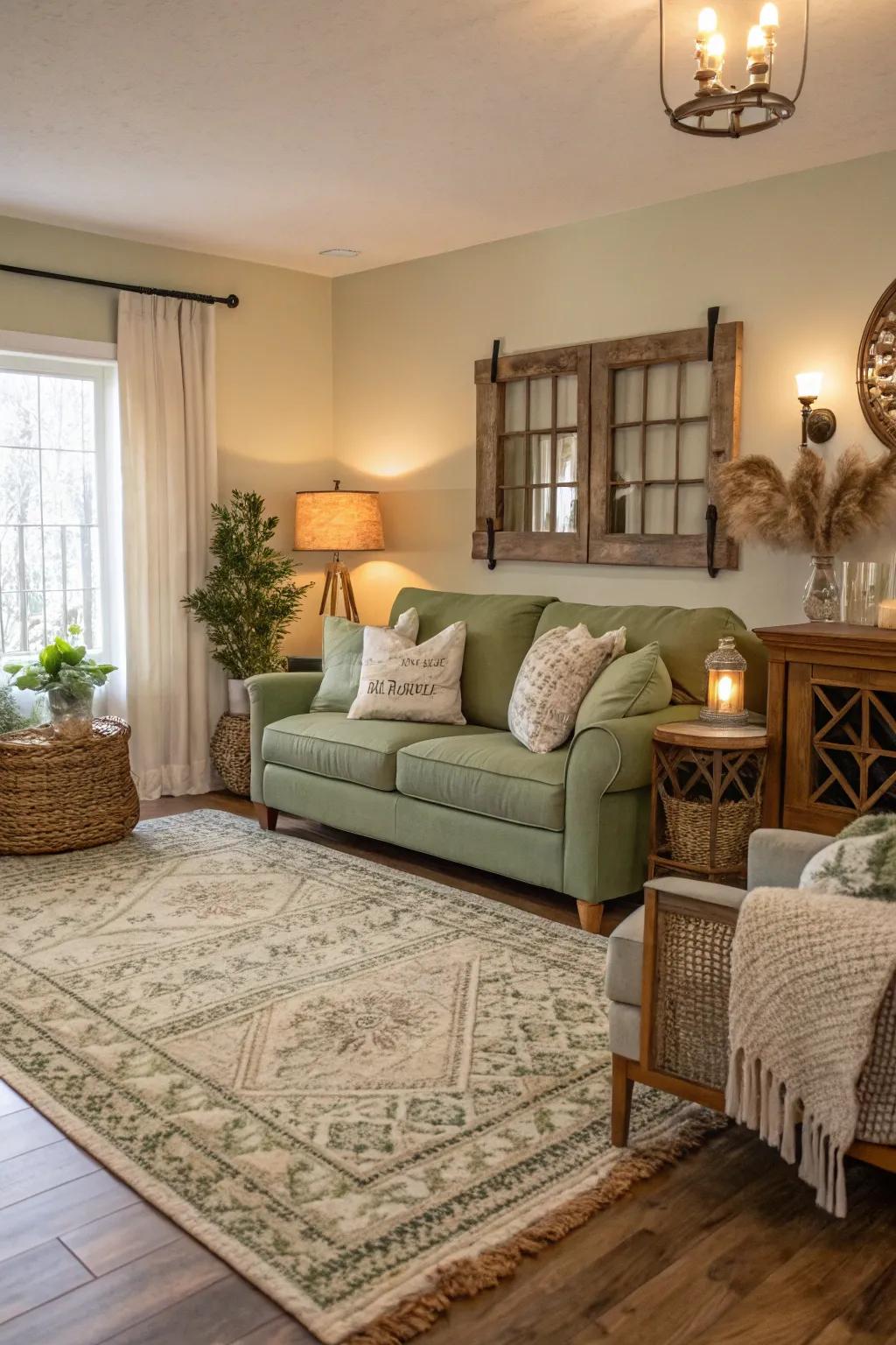 A country-style rug adds warmth and definition to a sage green living space.