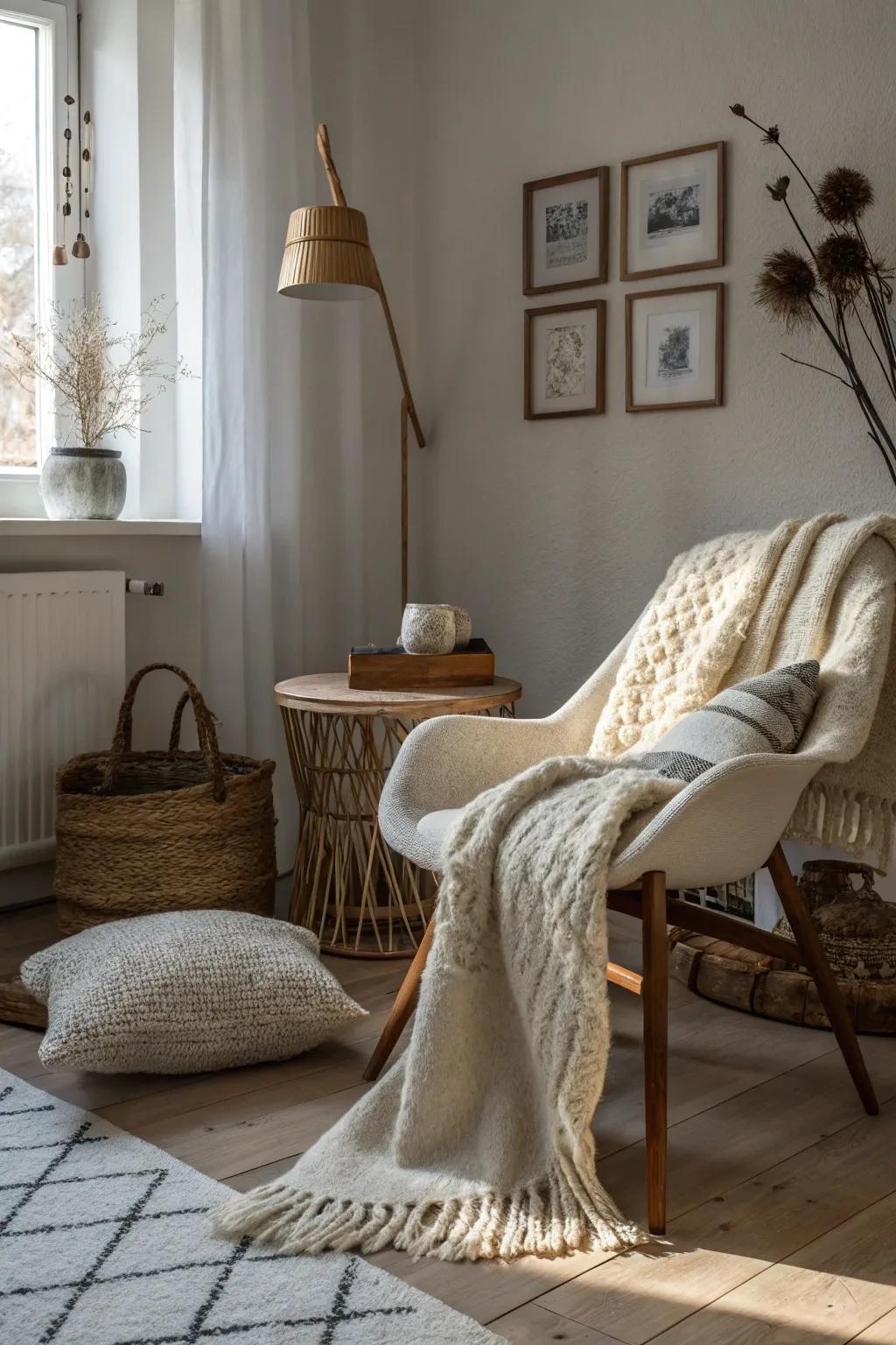Plush materials add depth to this Scandinavian space.