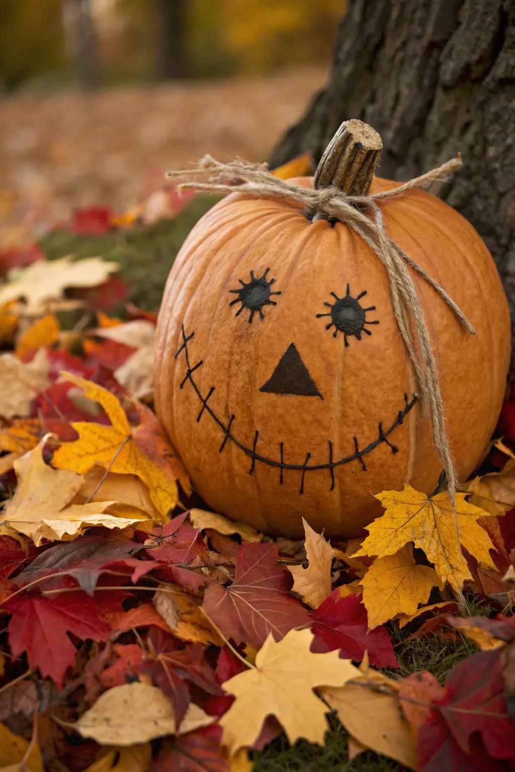 A twine smile adds dimension to this scarecrow pumpkin.