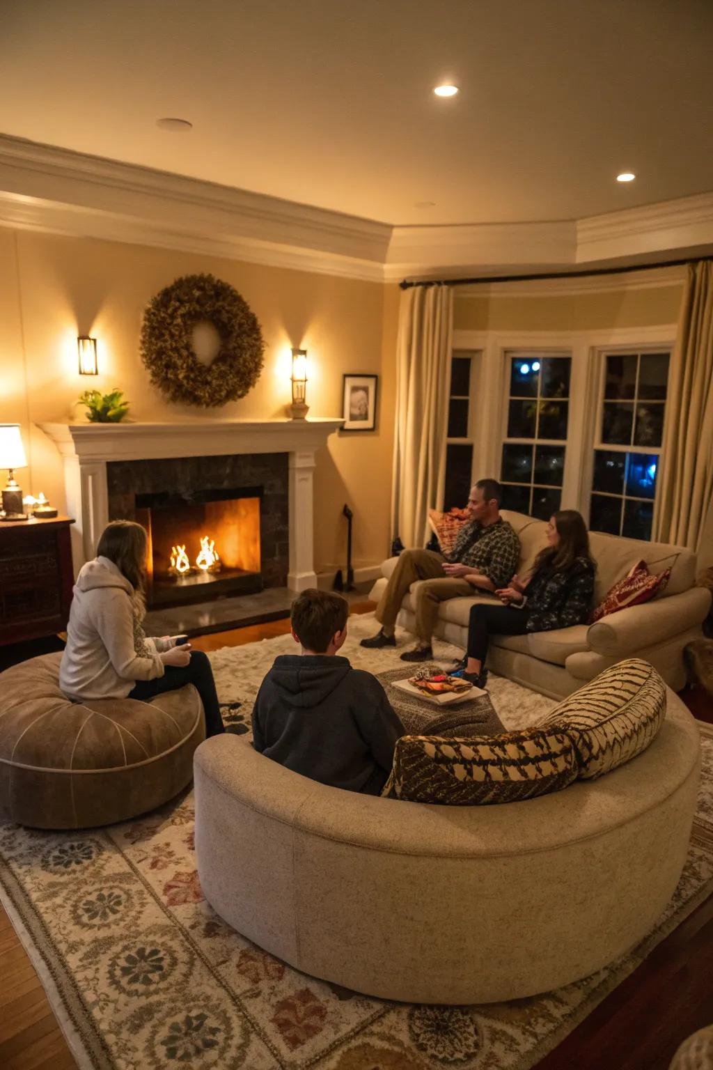 A circular seating arrangement promotes intimacy and warmth surrounding the fireplace.