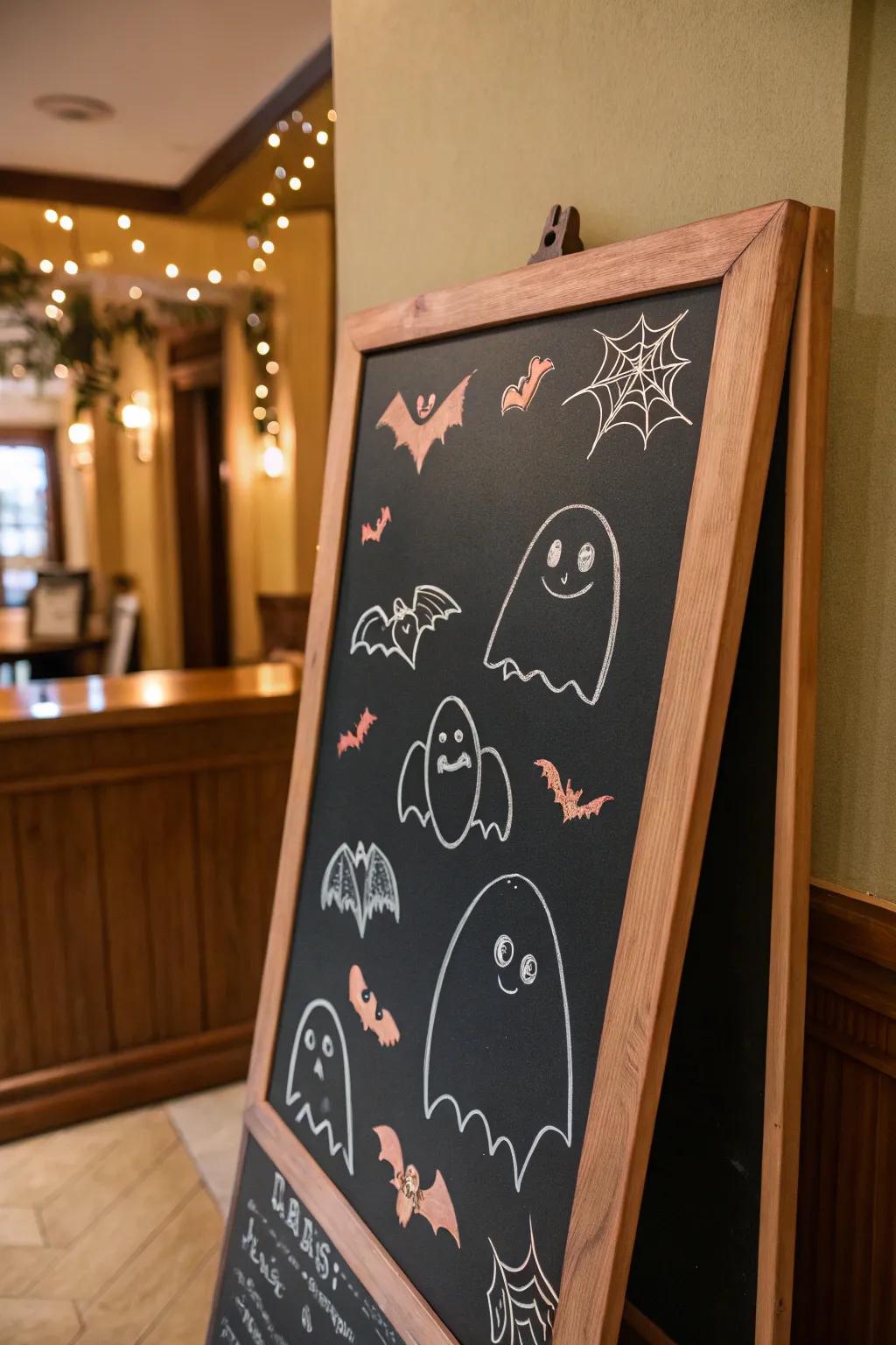 A chalkboard teasing Halloween with small ghosts and bats sketched in chalk.