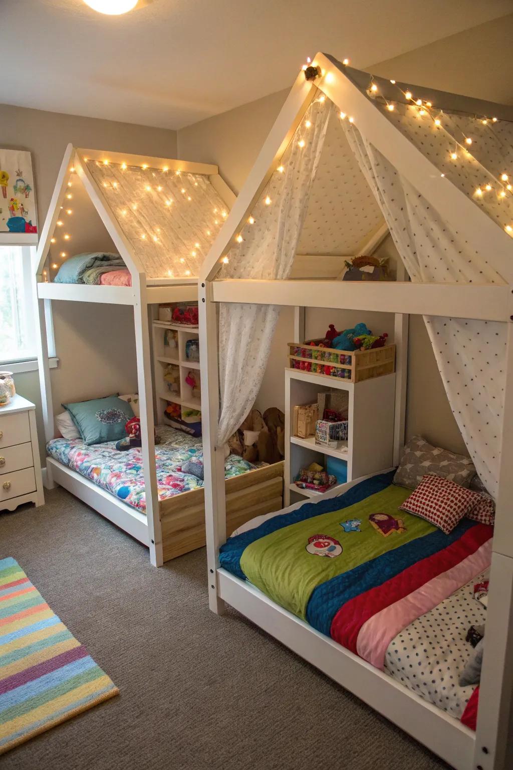 House beds offer privacy and charm in shared rooms.