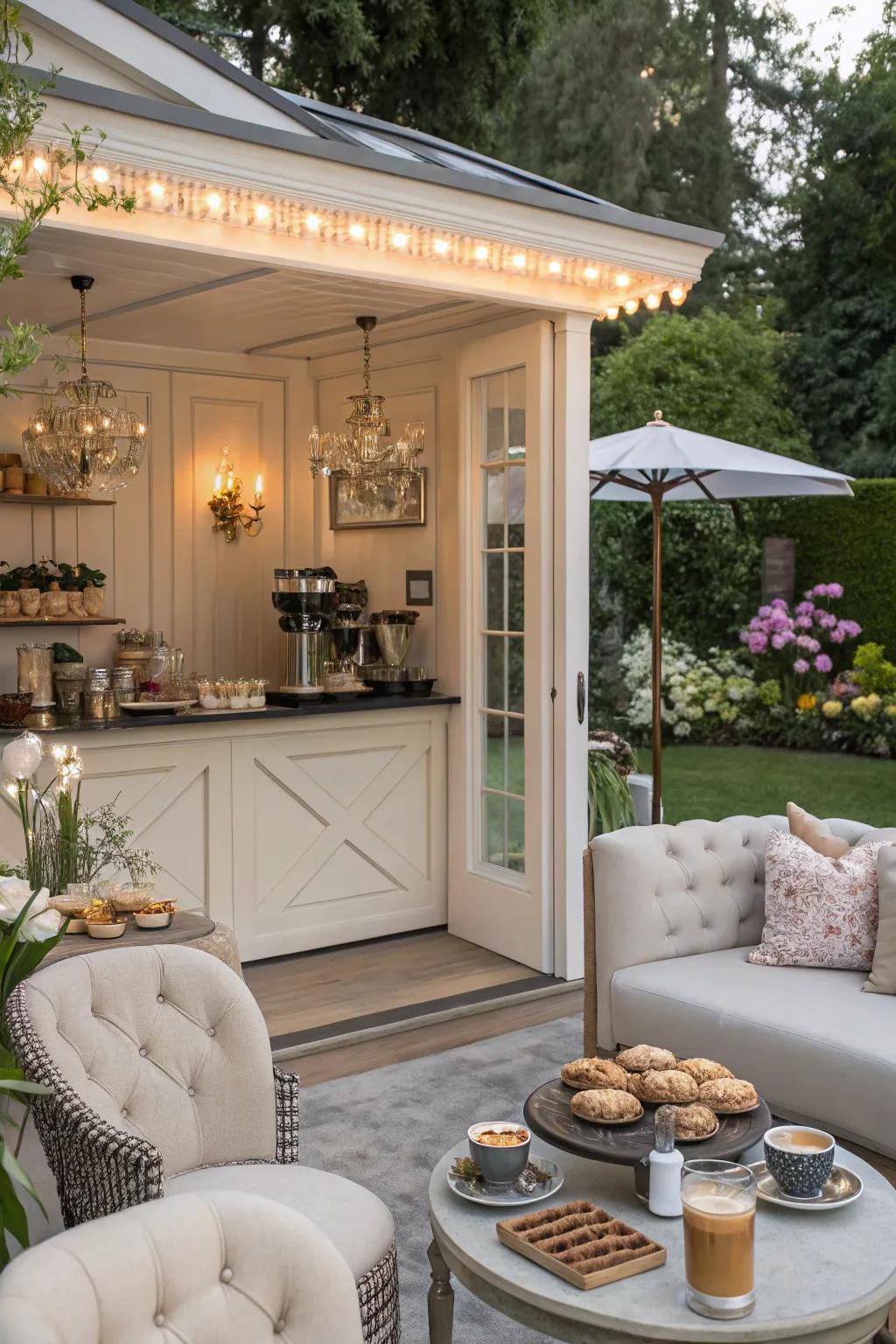 A stylish coffee spot for wonderful times in a she shed.