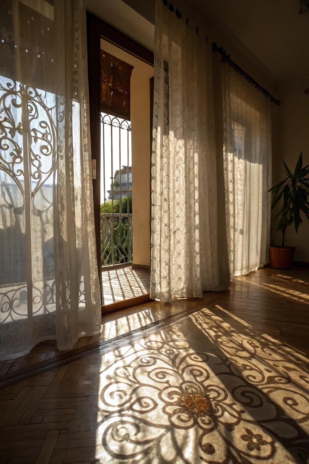 Patterned wispy curtains inject visual appeal and artistic playfulness into any space.