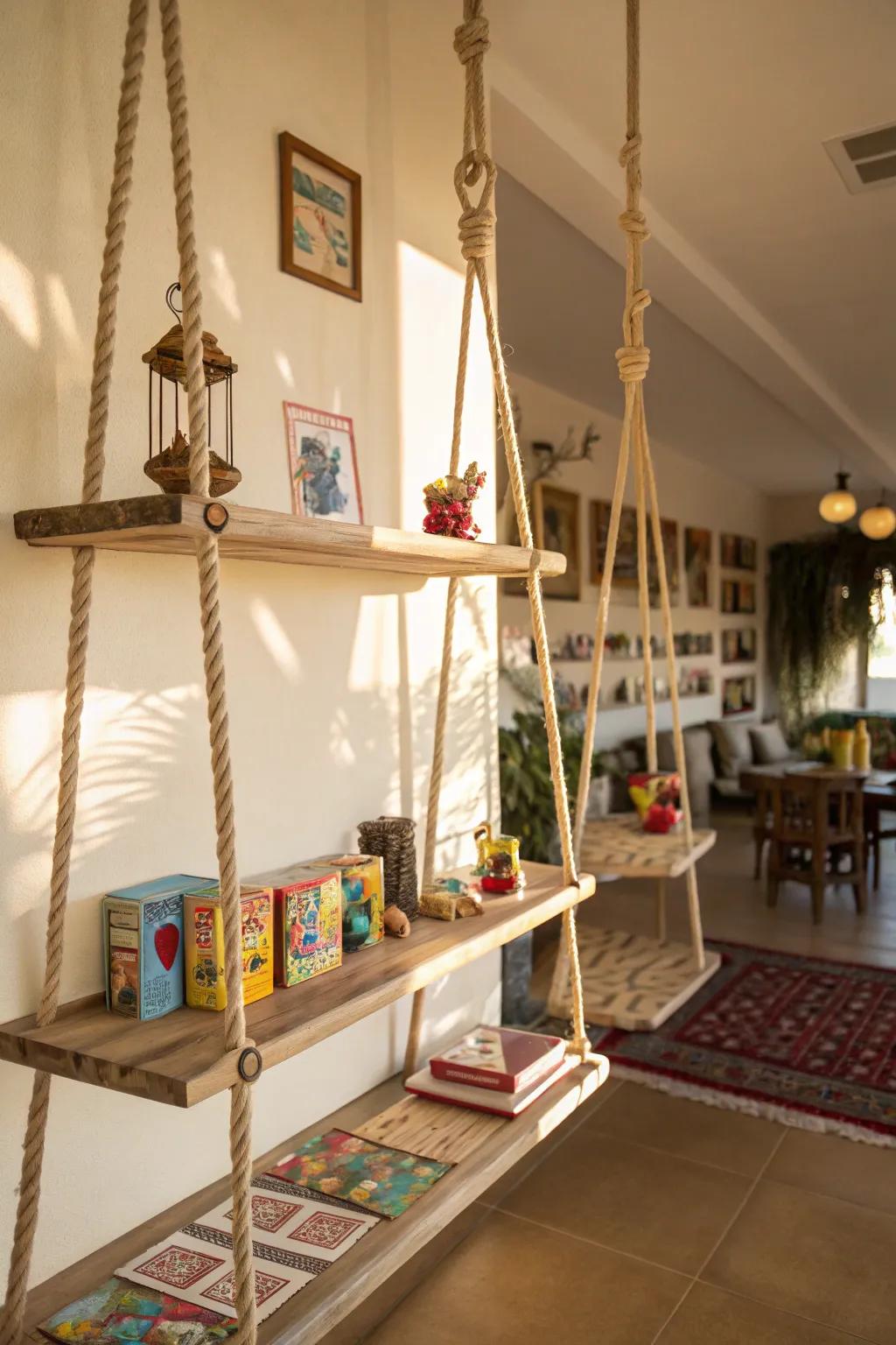 Room featuring suspended racks with a whimsical twist.