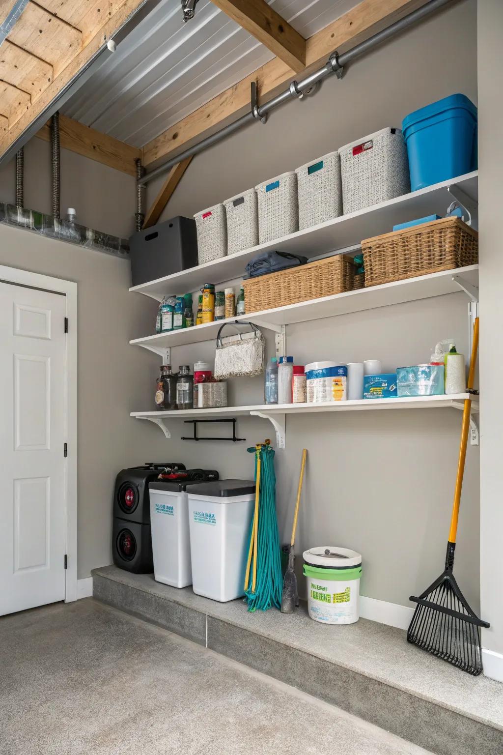 Ceiling-mounted shelves in a utility area make use of vertical space to provide more storage.