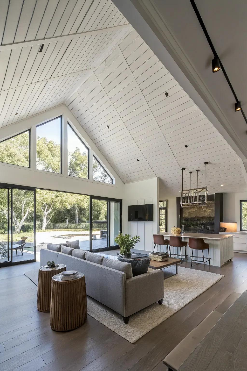 A prominent diagonal shiplap ceiling inserting a modern vibe.