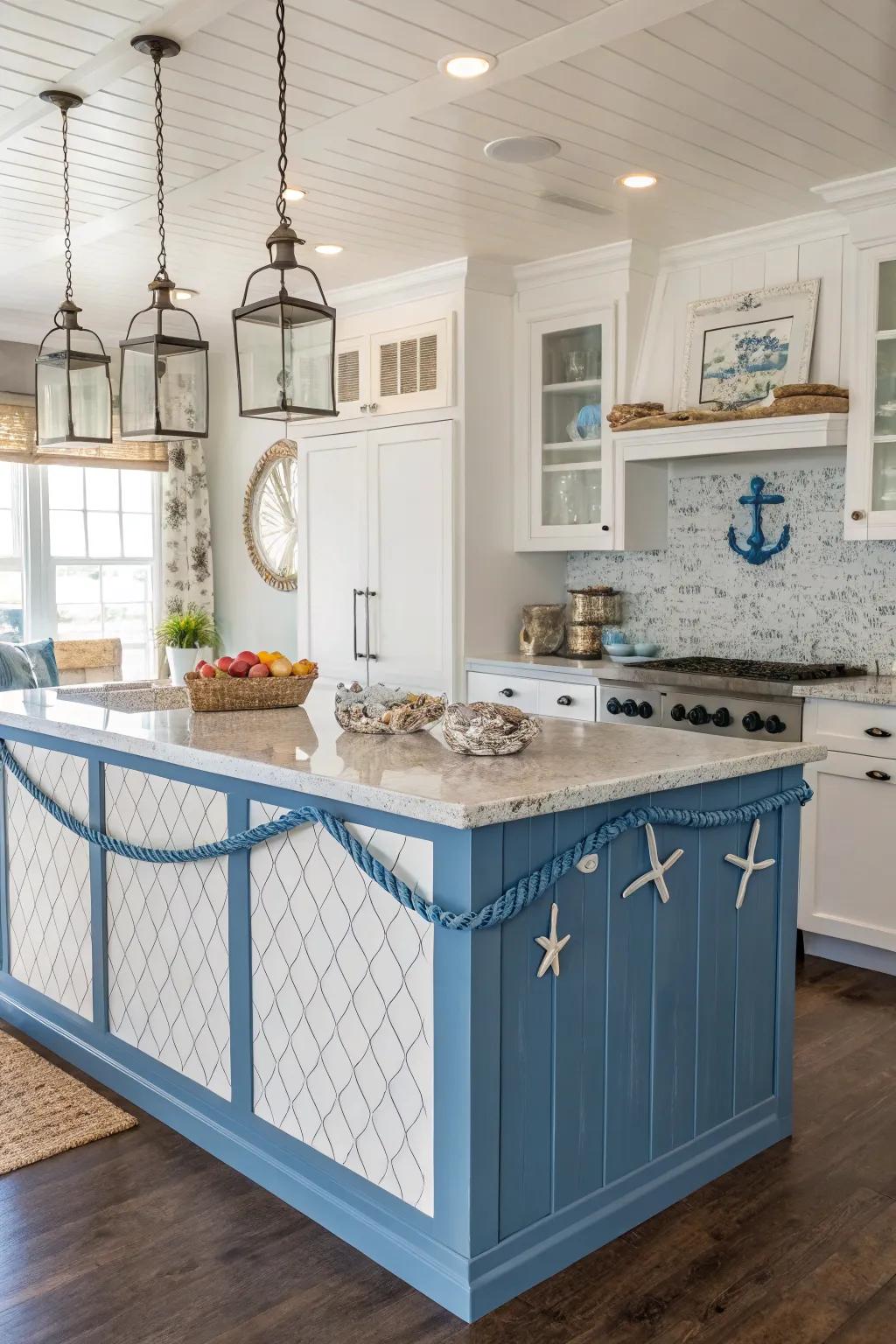 Seaside vibes with a shiplap island in calming blue shades.