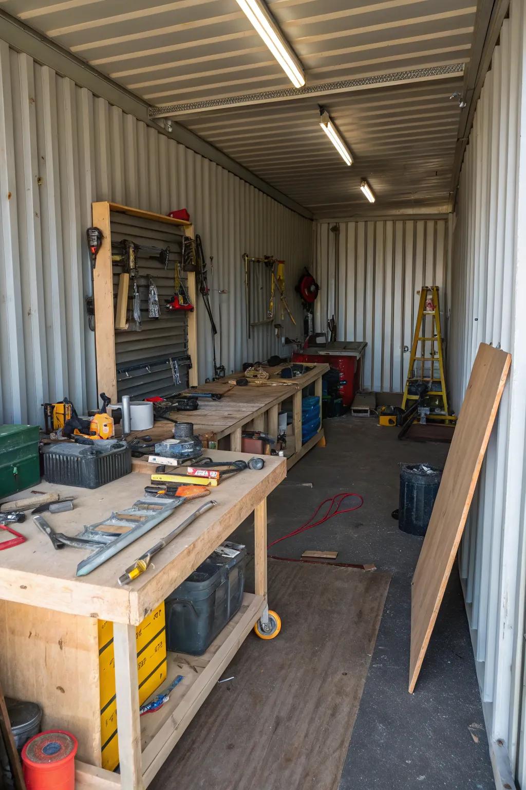 Within a cargo box barn, a busy shop area is buzzing with activity.