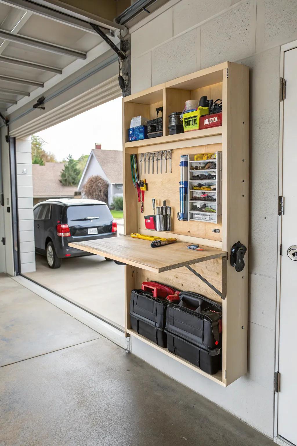 A folding workbench installed on a garage wall.