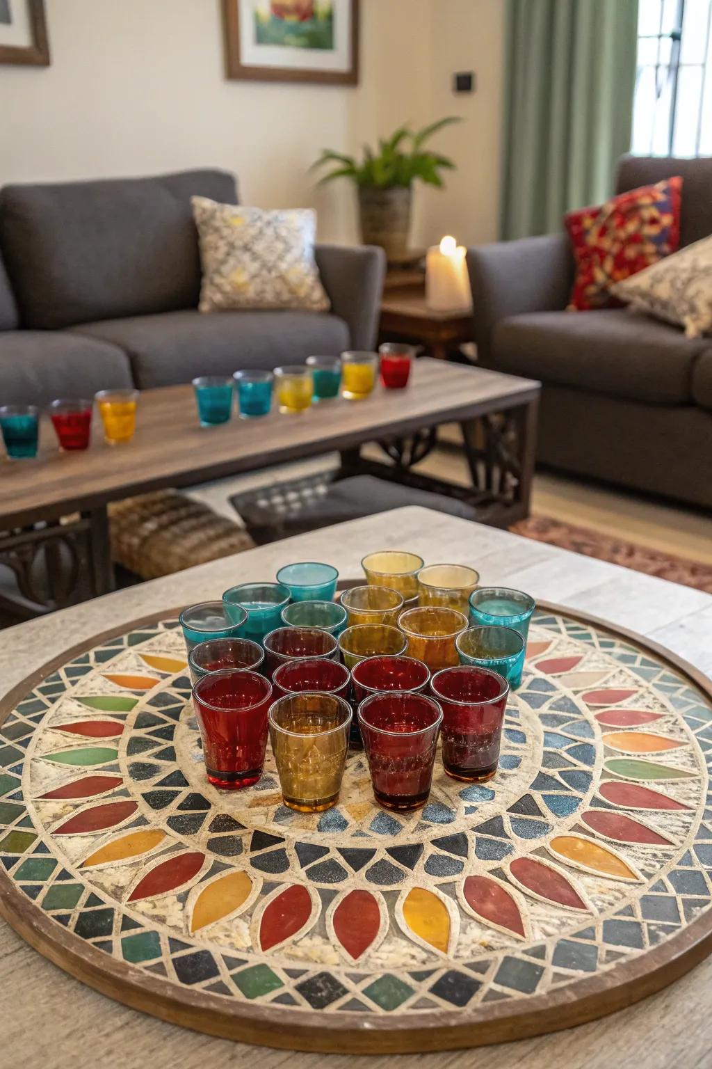 A living space showcasing a mosaic-styled motif of shot glasses serving as an artistic centerpiece.