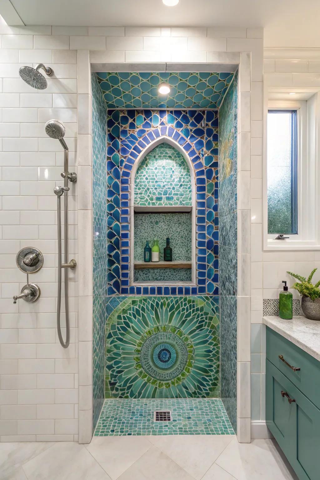 Creative mosaic compositions showcased inside a shower recess