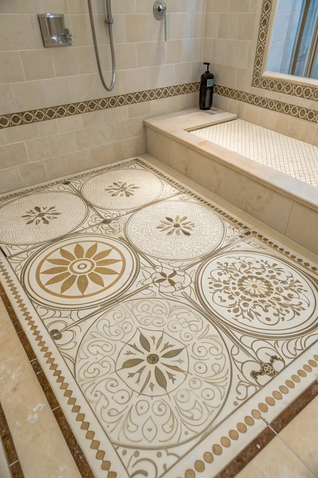 Detailed waterjet unit designs make an artistic and high-end style on this shower pan.