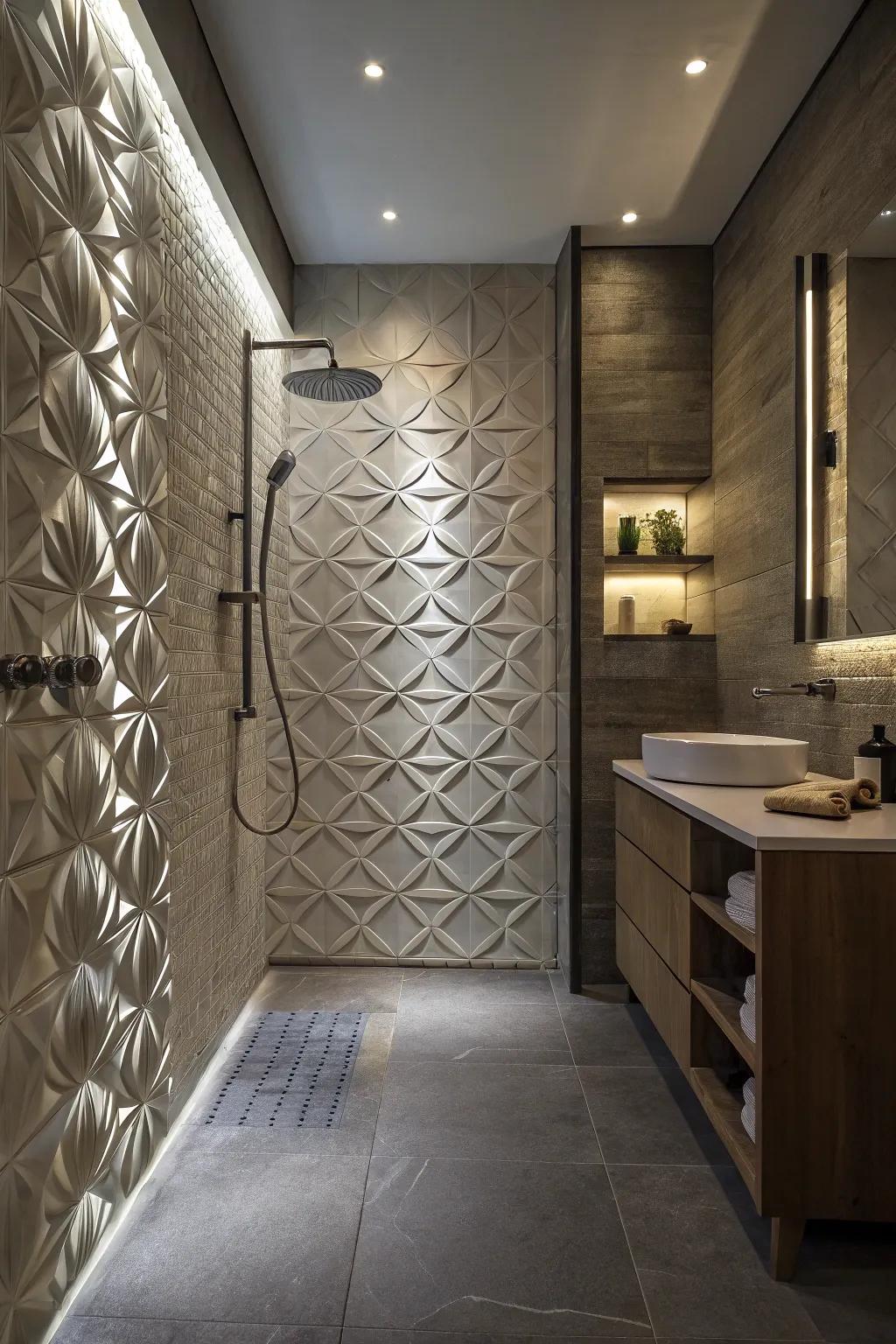 Sculpted tiles add depth and artistic flair to your shower.