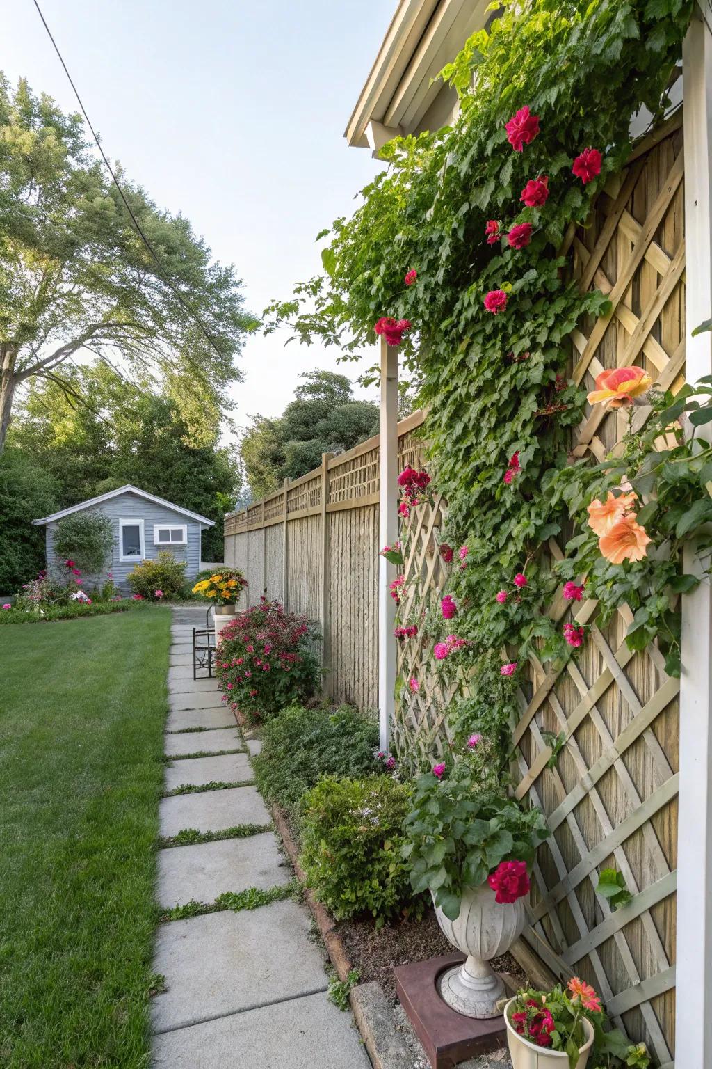 Lush side yard featuring a structure enclosure.