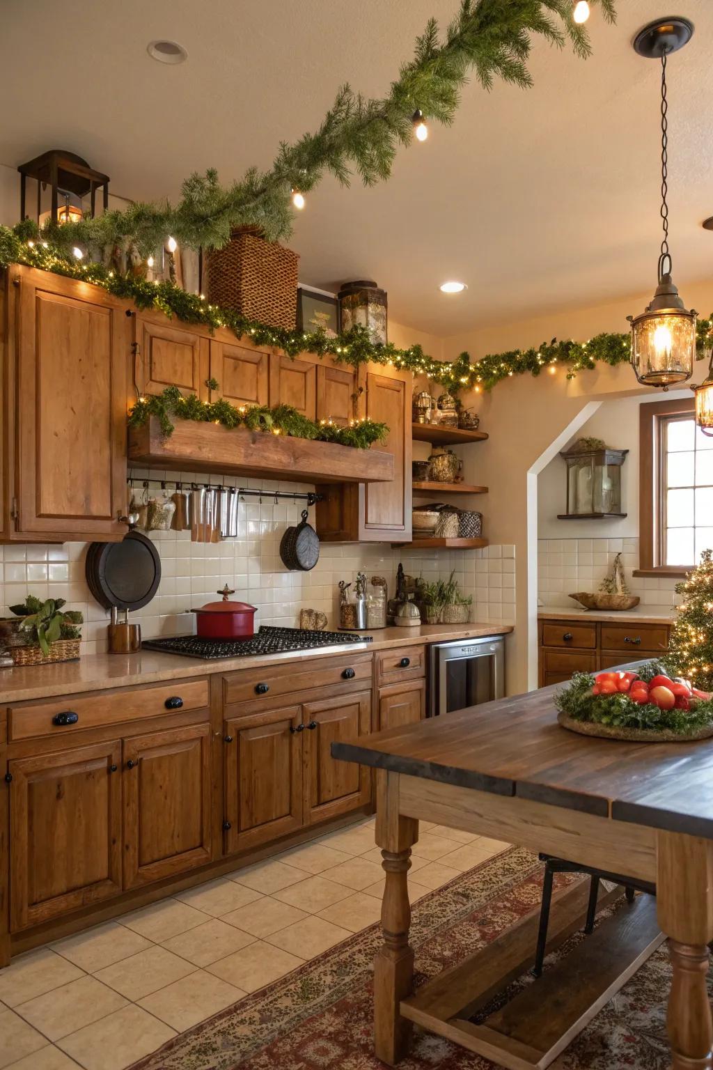Garlands create a festive framework in the kitchen.