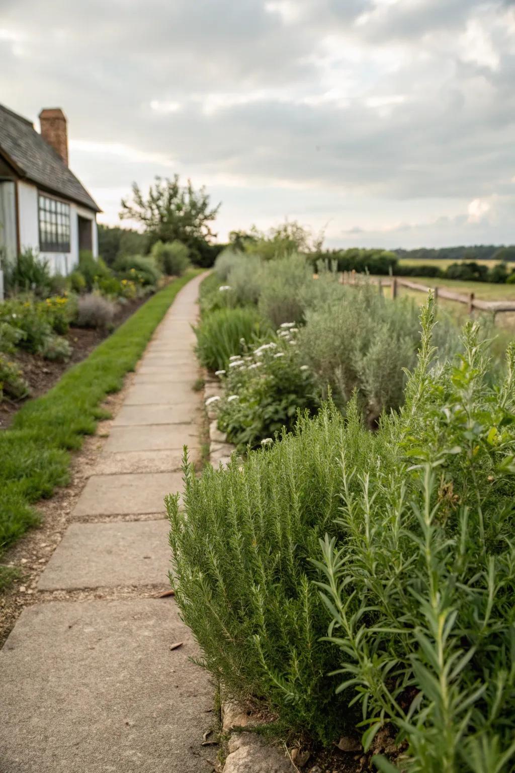 Fragrant herb edges introduce practicality and charm.