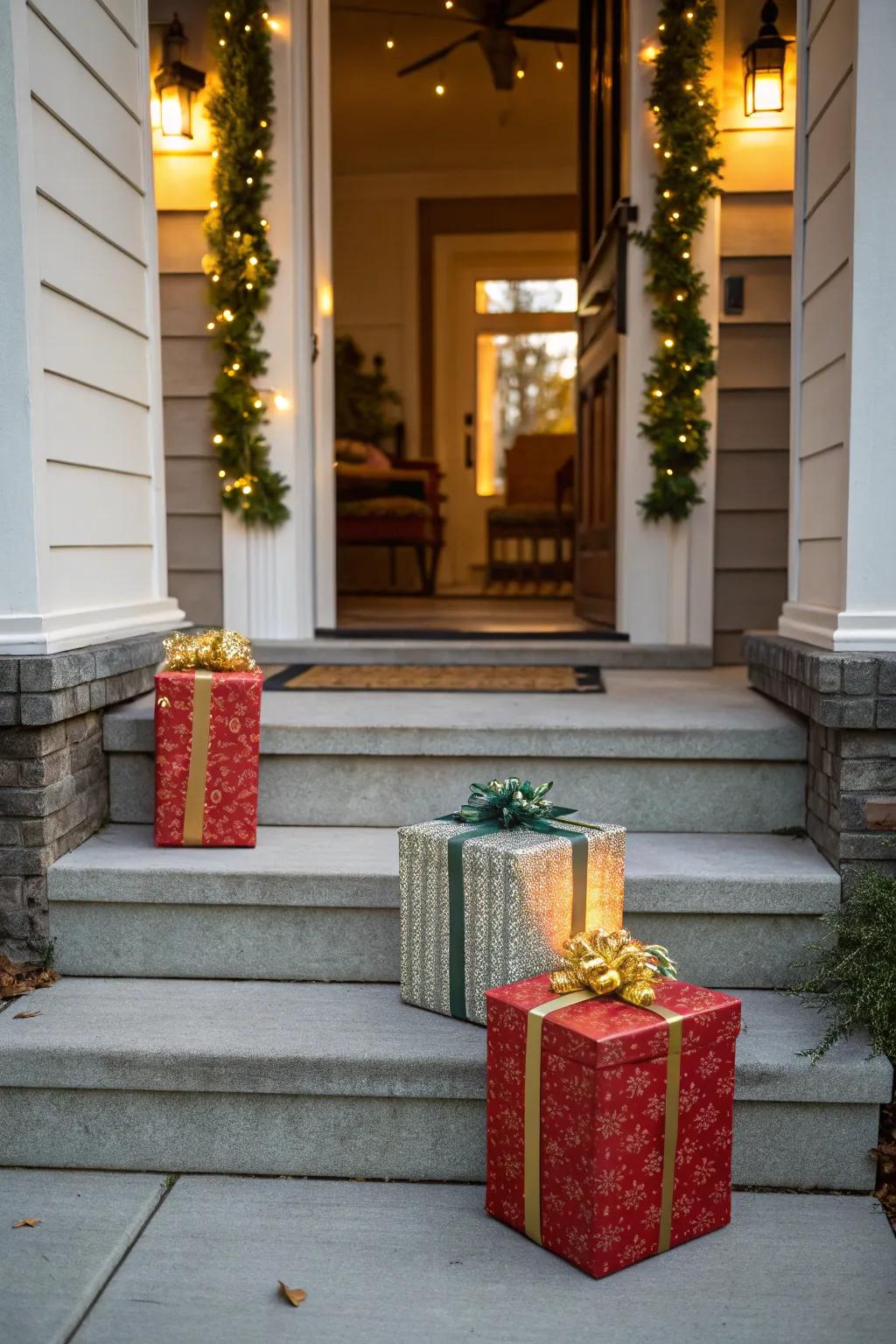 Gift boxes on the stairwell inject a celebratory and welcoming atmosphere.