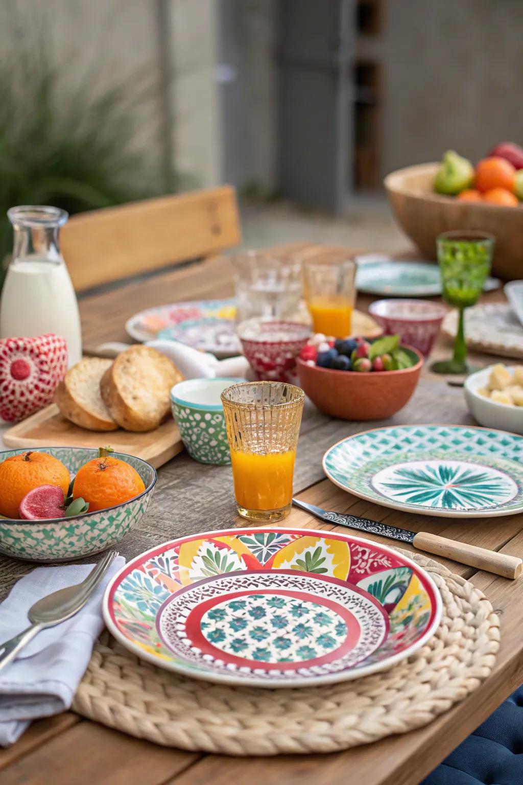 Blending tableware patterns generates a vibrant, lively ambiance.